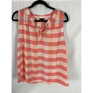 Ann Taylor Factory Womens Small Coral Gingham Sleeveless Tie Neck Blouse‎ Top